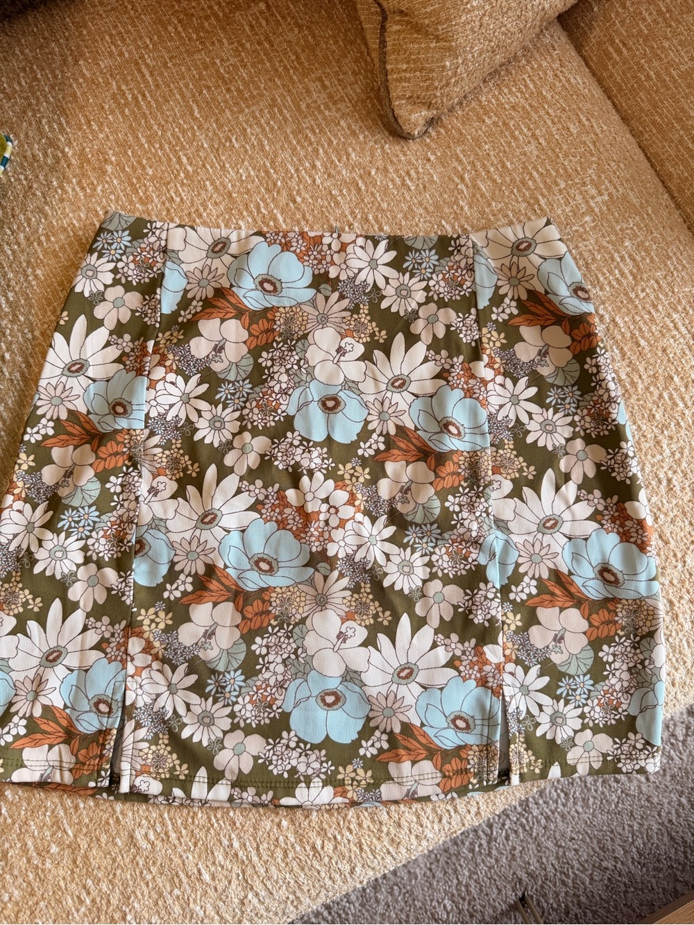 Altar'd State Olive Mini Skirt with Blue and Cream Floral Print
